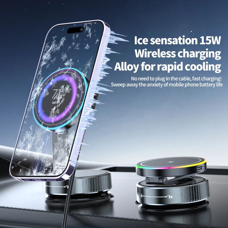 15W Vacuum Suction Cooling Magnetic Wireless Charger Car Phone Holder Mount 360 Rotatable Compatible with Smartphones for Iphone