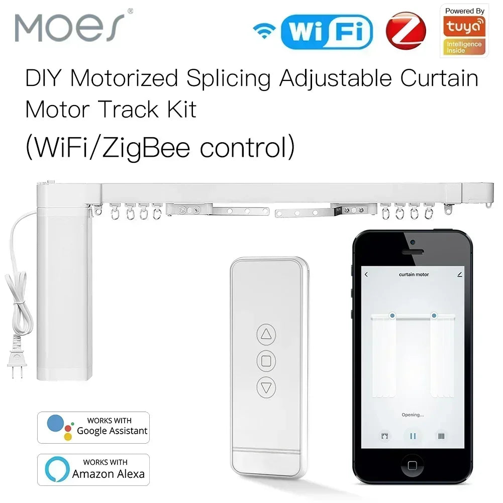 Wifi/Zigbee Electric Curtain Motor Tuya Smart Customized Motorized Splicing Curtain Track with RF Remote Alexa Google Voice