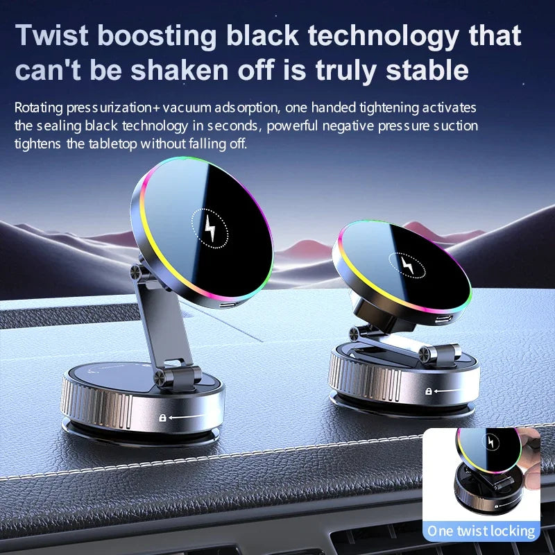 15W Vacuum Suction Cooling Magnetic Wireless Charger Car Phone Holder Mount 360 Rotatable Compatible with Smartphones for Iphone